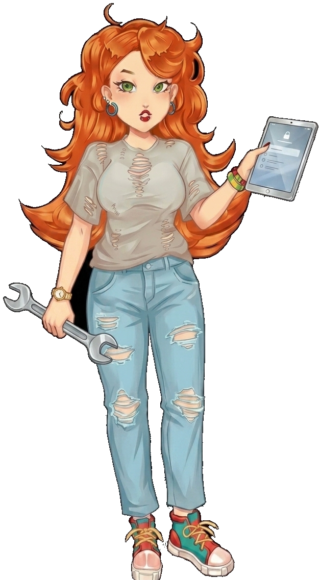 Lia – MakovskaTeam's mascot, holding a wrench and a tablet, representing AI integration work