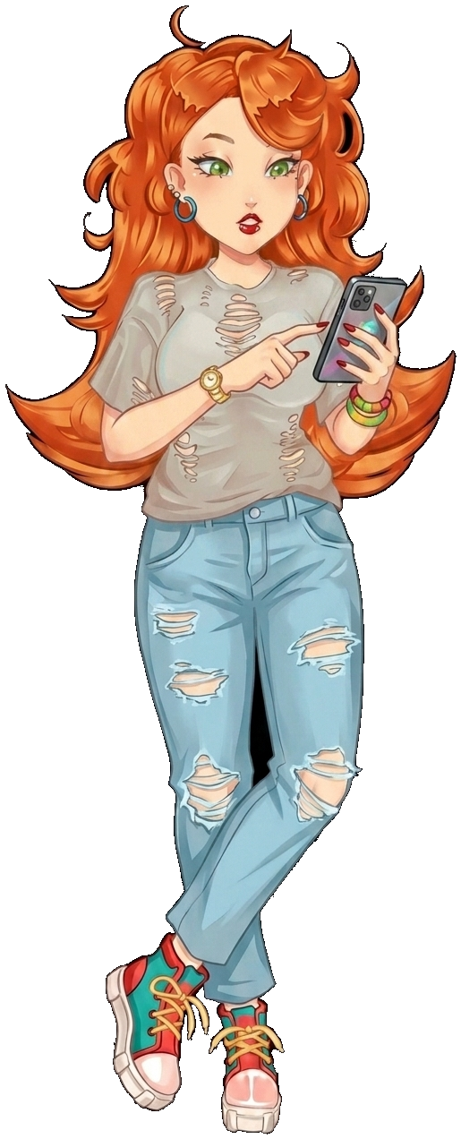 Lia – MakovskaTeam's mascot, checking her phone, representing automation and CRM work