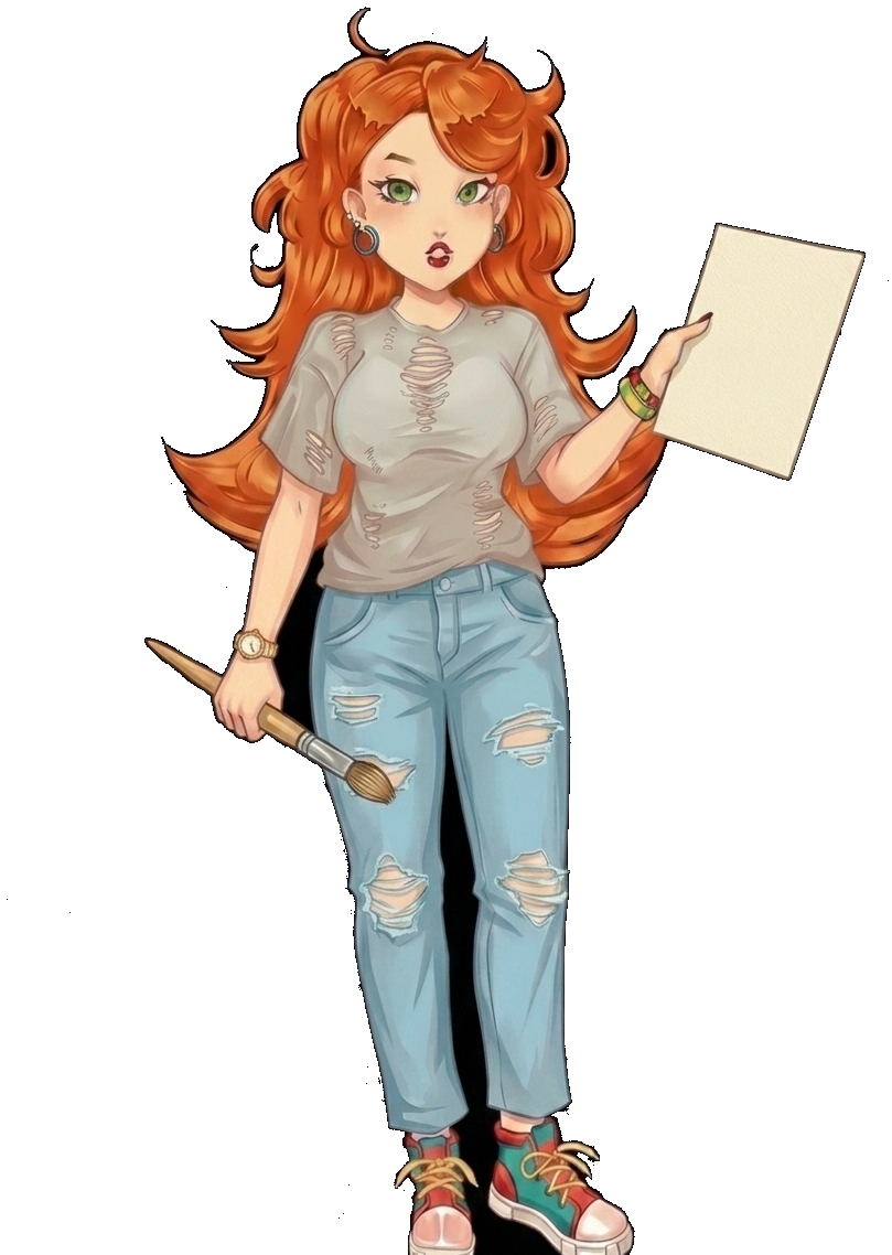 Lia – MakovskaTeam's mascot, holding a paintbrush and a blank canvas, representing brand design work